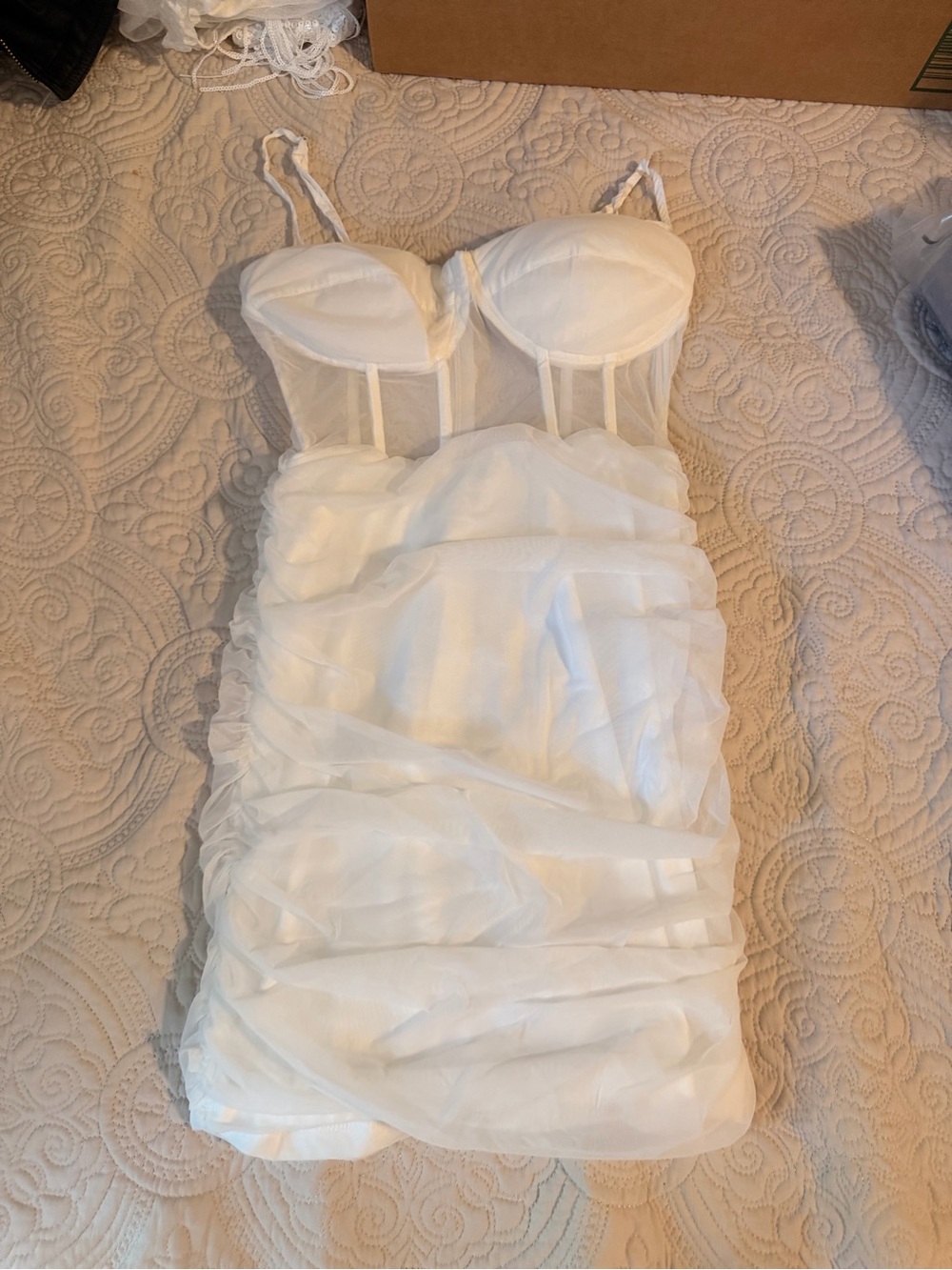 White Strapless Mesh Ruched Mini Dress